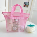 Pink mesh makeup bag with handles and zipper, portable travel organizer in rose pink - Handbag Style / Pink