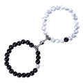 8mm natural stone couple bracelets with magnetic heart charm in black and white finish - Round Magnet / Black and White