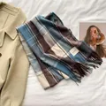 Sky blue and chocolate plaid cashmere-feel scarf with tassels and woven label - Classic Plaid Blue
