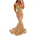Elegant mermaid evening gown in champagne gold with sequin finish and V-neckline - US size 2 (S) / Top And Bottom / Champagne