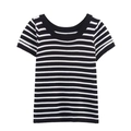 Women's minimalist black and white striped short sleeve knit t-shirt with crew neck - S / Black Stripe