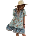 Bohemian floral maxi dress in mint green with V-neckline and ruffled tiered hem - S / Green