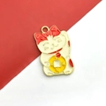 Enamel lucky cat charm in white and red with golden coin detail for DIY jewelry making - Fortune Cat