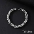 Mens 9mm wide silver stainless steel byzantine weave chain bracelet on leather - 21cm / Silver/9mm Textured Handmade Bracelet