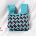 Knit tote bag featuring a contrasting teal and deep red checkered pattern with dual handles - Blue Biscuits