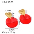 Detailed view of chunky heart and red resin circle drop earrings with size measurements - Golden Heart and Red Round Plate Style (NB-E1525) / 18K Gold