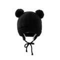 Kids black cable knit trapper hat with double pom poms and warm fleece lining - Hat / Black
