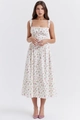 Close-up of square neckline and button details on white floral print A-line midi dress - S / White Lace Trim