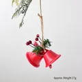 Christmas red metal double bells with pine needles and red-white checkered bow hanging ornament - Red Double Bells