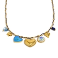 18K vergoldete Kette mit blauen Herzen, lila Blütenanhänger und Büroklammer-Gliedern - Büroklammer Baumwollseil Kombination Blaue Blume Herz Anhänger (Gold)