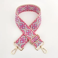 Close-up of adjustable jacquard embroidered bag strap with golden metal swivel hooks - Rose Pink Light Blue Floral