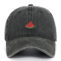 Close-up of embroidered watermelon slice on washed grey distressed cotton baseball cap - One Size / Army Green