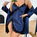 Navy blue satin lingerie set with black lace trim and matching robe for women - Navy Blue