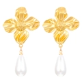 Elegant gold flower earrings with white teardrop pearls and textured metallic finish - KC Gold Flower Pearl (5544)