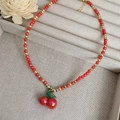 18k gold plated cherry pendant necklace with red beads and faux pearl accents - Red Beaded Cherry Necklace / Red