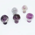 Set of five polished natural fluorite mushroom crystals in shades of purple and white - Amethyst