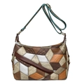 Brown and beige patchwork leather shoulder bag with adjustable strap and vintage look - Brown Patchwork