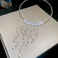 Irregular silver beaded choker necklace with central white pearls and crystal tassels - 21# Glass Pearl Round Tassel Choker