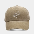 Close-up of white Mama embroidery on khaki washed cotton baseball cap with high detail - Heart Mama Khaki