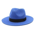 Détail d'un chapeau fedora bleu en paille avec texture tissée et ruban noir élégant - M(56-58cm) / Bleu