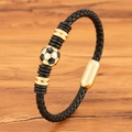 Braided leather football bracelet with gold and black beads on wooden background - 19cm / Gold