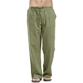 Detail of olive green linen trousers with elastic drawstring waistband and loose fit texture - L / Army Green