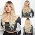 Drei-Wege-Ansicht der blonden Ombre-Wellenperücke mit Pony von vorne Seite und hinten - Braun Verlauf Blond (lc8239-2)