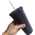 Large capacity black studded double-wall tumbler with straw and textured finish - 601-700ml / Black