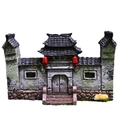 Miniature Chinese garden gate ornament with black tiled roof and red lanterns - Ancient Gate + Boxed