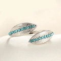 Adjustable silver feather ring with blue cubic zirconia stones in a minimalist open design - Adjustable Open / Steel Color Leaf Blue Zircon