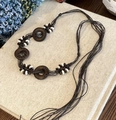 Bohemian style necklace with wooden discs and white shell beads on a dark brown cord - 56-58cm / White Shell and Wood Disc Multi-Strand Bracelet (AB282)