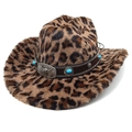 Close-up of leopard print cowboy hat with turquoise beads and silver bull head buckle - M (56-58cm) / Straight Top / Light Coffee