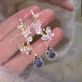Golden butterfly tassel earrings with blue teardrop stones and zircon accents - Gold Blue Water Drop Butterfly Silver Needle (银针-金色蓝色)
