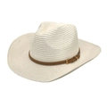 White woven cowboy hat with brown leather band and wide brim for sun protection - M (56-58cm) / Pure White
