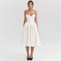 Abito midi bianco stile corsetto senza spalline con gonna a pieghe e raso elegante - Bianco (con Imbottitura)