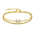 Bracelet double couche initial M doré avec zircon cubique et chaîne torsadée trombone - M