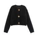 Détail d'un cardigan noir en maille avec boutons dorés et texture ajourée - S / Noir
