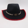 Black felt western hat with red trim, leather band and vintage bull head badge - Black Red Edge