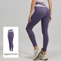 Mallas de yoga de cintura alta en morado berenjena con cinturilla cruzada en lila claro - S / Bottoms / Púrpura Berenjena