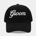 Close-up of black corduroy baseball cap with white Groom embroidery detail - Adjustable / Groom Black