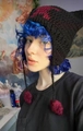 Handmade knitted cat ear beanie in black with red patterns and cute pom-pom ties - Adult 56-59cm / Pompom Star
