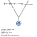 Silver stainless steel necklace with March light sapphire round rhinestone pendant - March Light Blue - Silver