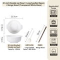 White ceramic soup bowl set with double handles, wooden chopsticks and cream spoon - 3 Piece Set (8.5 Inch Bowl + Spoon + Wooden Chopsticks) / Transparent White Glaze