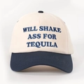 Detail of WILL SHAKE embroidery on two-tone off-white and navy blue baseball cap - Cream/Navy Blue