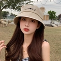 Light khaki canvas bucket hat with cute cat ears and embroidered whiskers design - Khaki