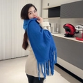 Thick royal blue plaid winter scarf with tassels for women worn with beige coat - Solid Royal Blue