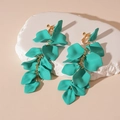 Detail showing matte turquoise acrylic petal earrings with gold chain and clip-on design - Green Petal Clip-on Earrings