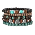 Detail of five-layer stacked wooden bead bracelets featuring Tree of Life metal charms - Tree of Life Round Tag Style (48)