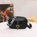 Chic black lattice texture shell bag with cat charm and stylish wide shoulder strap - Black