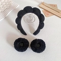 3-piece black sponge headband and wristbands set for face washing and makeup routines - Black
